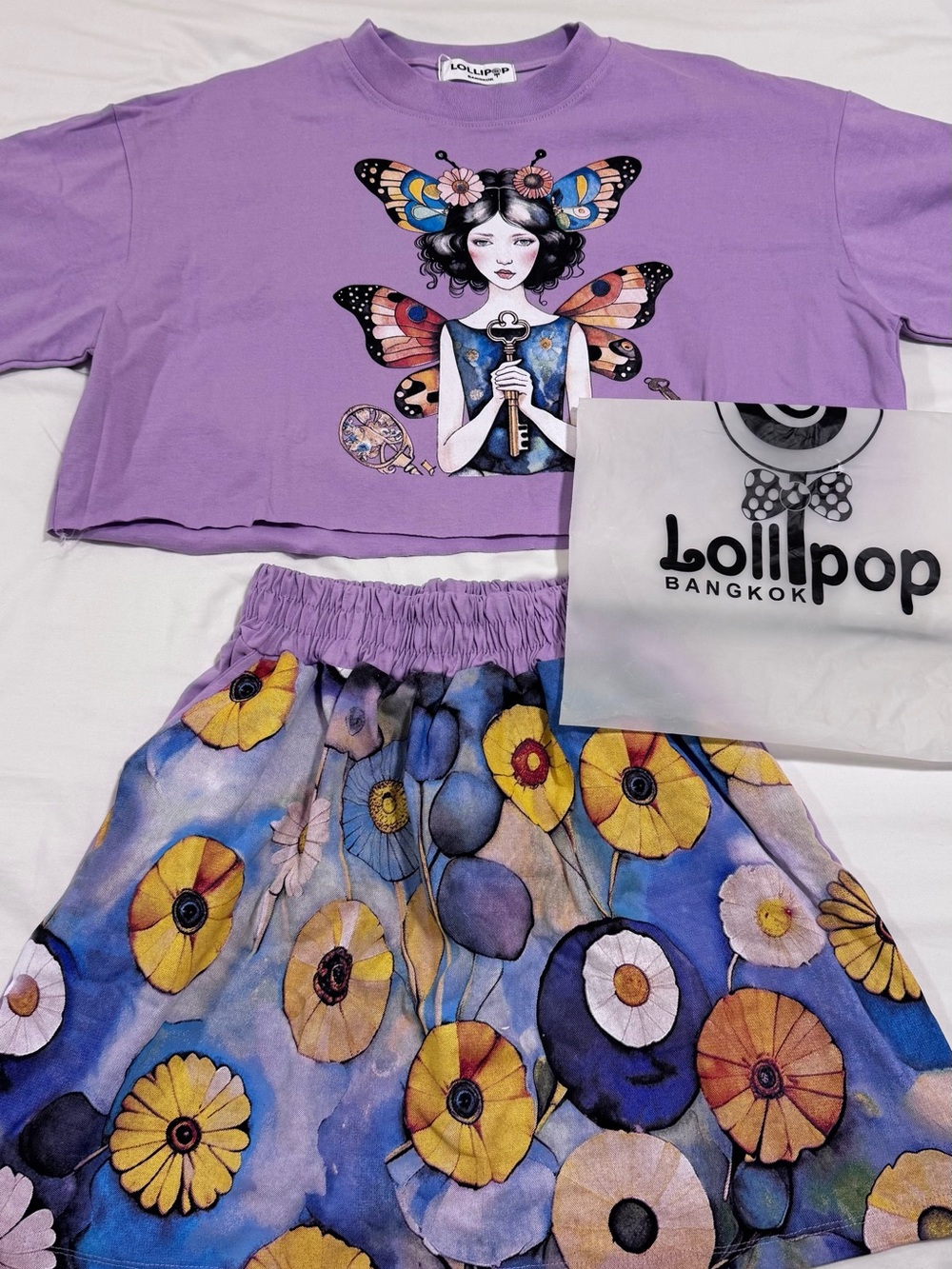 Lollipop Bangkok - Lavender Butterfly Crop Top & Floral Skirt Set
